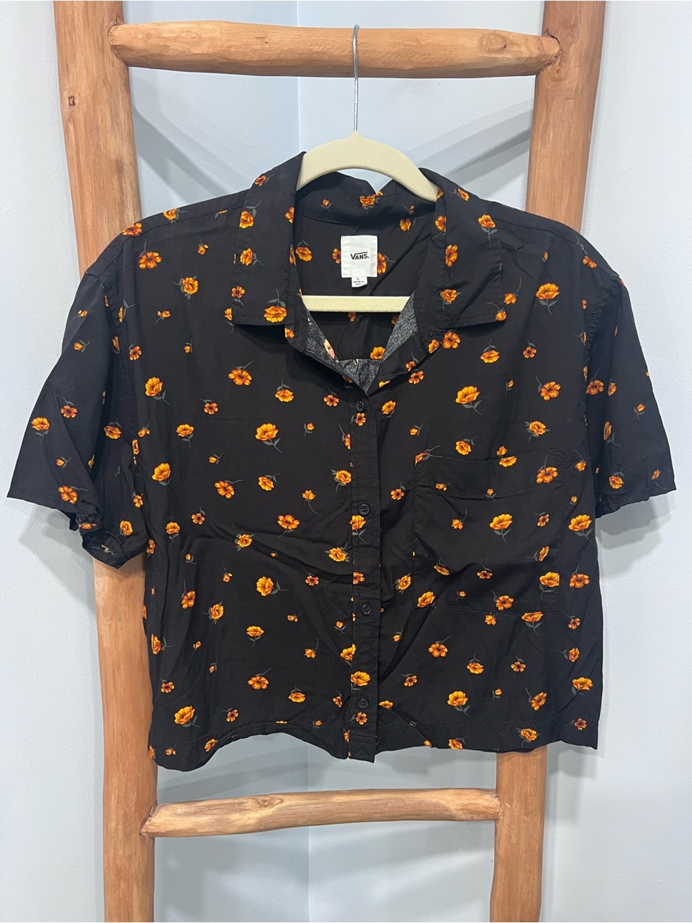 Vans Black Orange Floral Button Front Shirt Size L